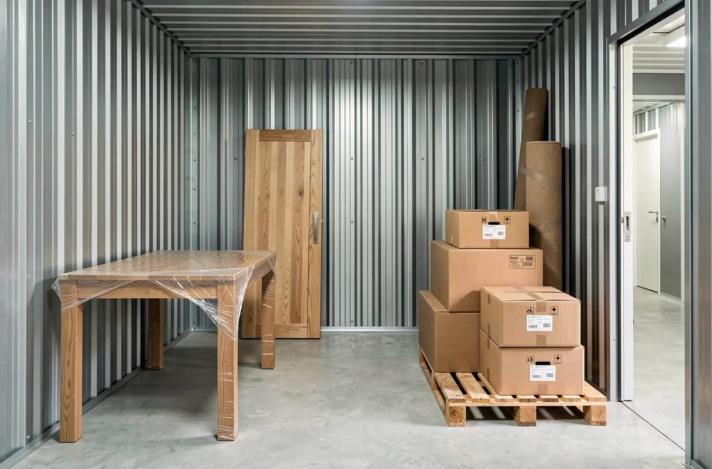 Intérieur d'un garde-meuble bien organisé avec meubles emballés et cartons étiquetés
