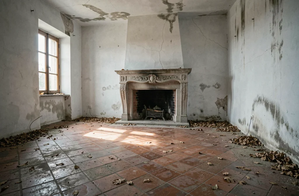 Intérieur délabré d'une maison abandonnée avec carrelage ancien, cheminée en pierre et traces d'humidité, potentiel de rénovation visible