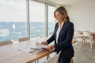 Investisseuse immobilière analysant des documents dans un appartement vue sur mer moderne