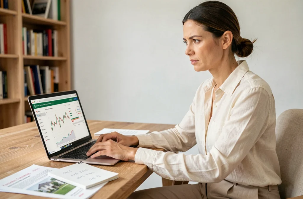 Femme investisseuse particulière consultant la réputation et les avis boursiers d'Icade sur un ordinateur portable