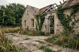 Maison abandonnée en pierre à la campagne avec végétation envahissante et porte en bois délabrée, illustrant une opportunité rare de bien à donner