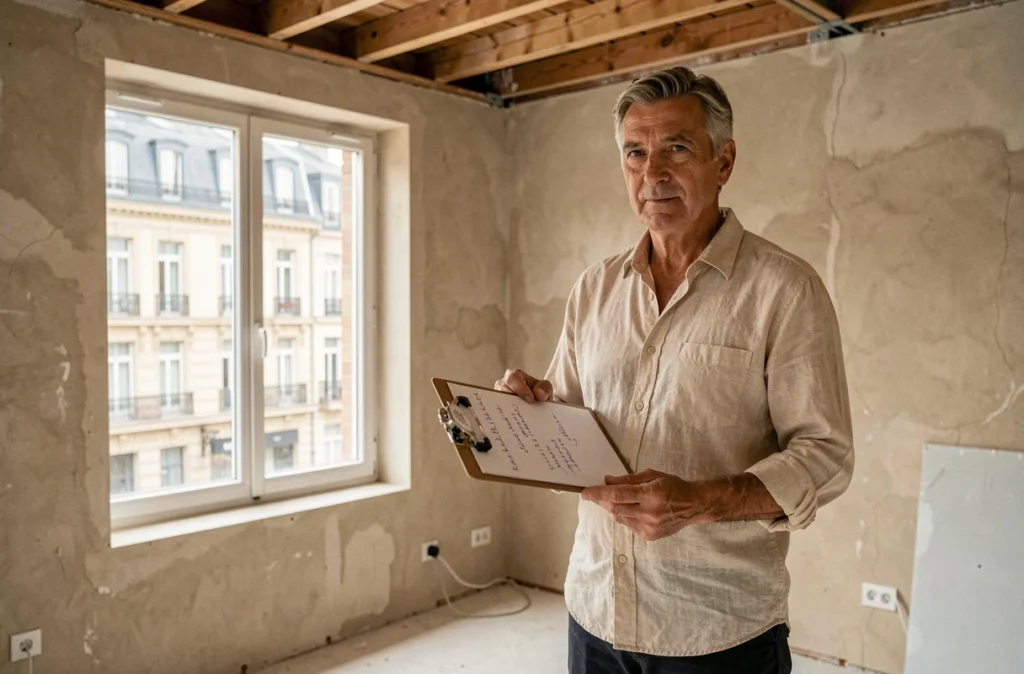 Marchand de biens tenant un clipboard de coûts d'acquisition dans un appartement en rénovation à Paris