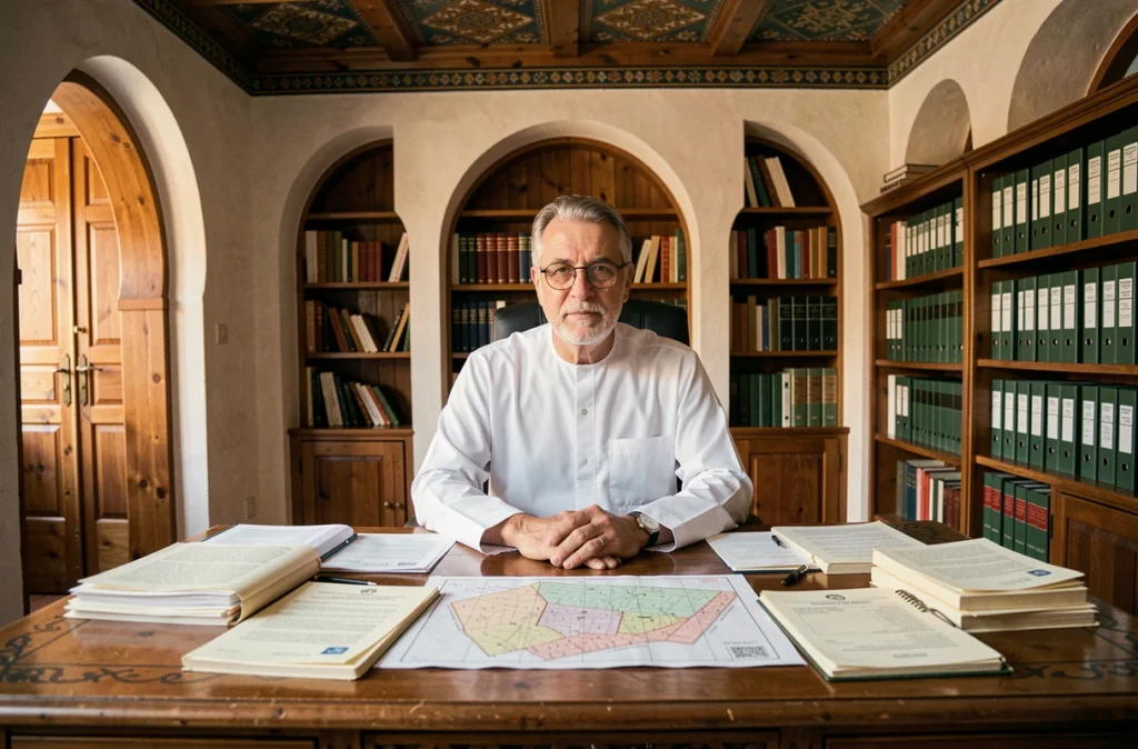 Notaire marocain en djellaba blanche consultant des contrats immobiliers et des plans cadastraux dans un bureau traditionnel à Marrakech