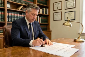 Notaire en costume navy tamponner un acte immobilier dans un bureau chargé de documents officiels et de livres juridiques