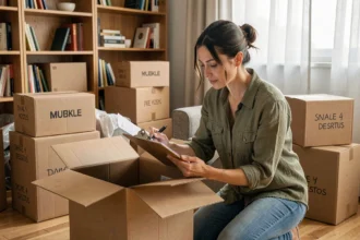 Femme organisant des cartons de déménagement dans un salon avec une liste de contrôle
