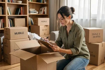 Femme organisant des cartons de déménagement dans un salon avec une liste de contrôle