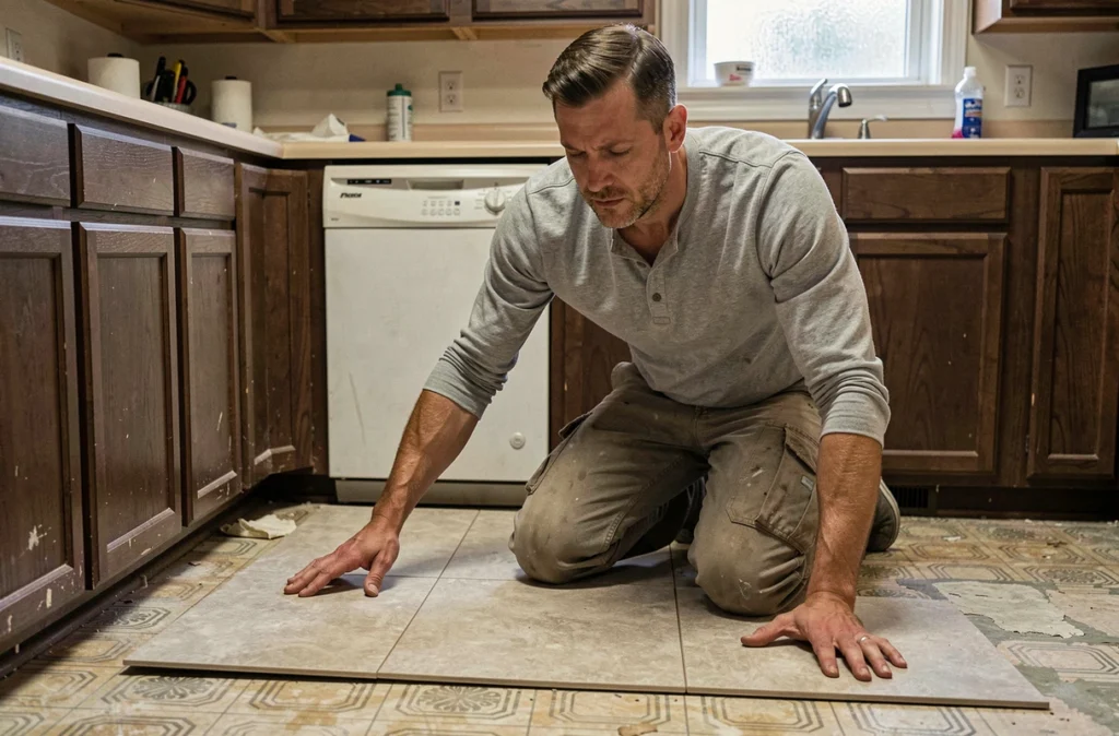 Homme posant des dalles adhésives sur un vieux carrelage de cuisine pour un rafraîchissement rapide et sans travaux
