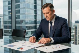 Professionnel de l'immobilier analysant les performances boursières d'Icade sur des graphiques financiers en bureau moderne