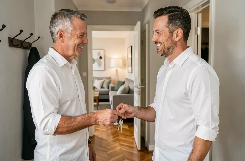 Propriétaire remettant les clés d'un appartement à un locataire dans une entrée moderne