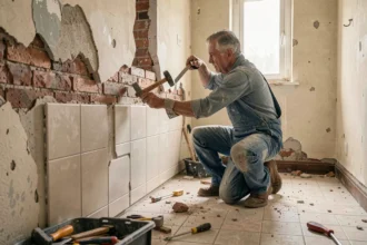 Artisan en cours de démolition d'une ancienne salle de bain avec carrelage déposé et murs en plâtre mis à nu