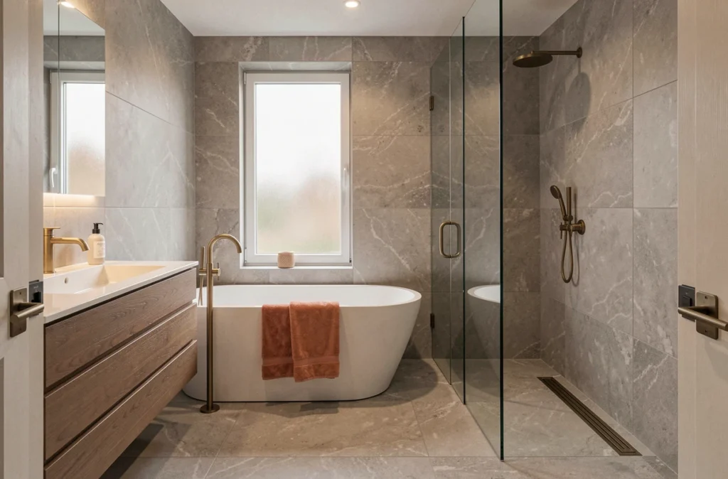 Salle de bain rénovée avec baignoire îlot, carrelage grand format effet pierre et robinetterie laiton brossé