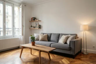 Salon meublé d'un appartement en location avec canapé, table basse et étagères bien équipées