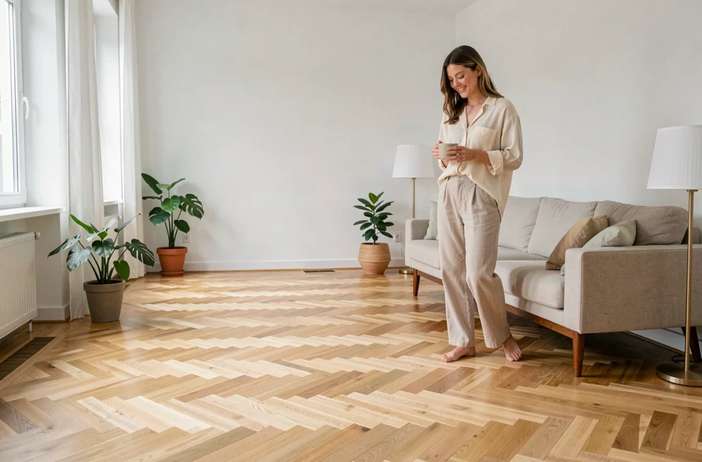 Salon rénové avec un parquet en chêne en point de Hongrie restauré, ambiance scandinave chaleureuse et lumineuse