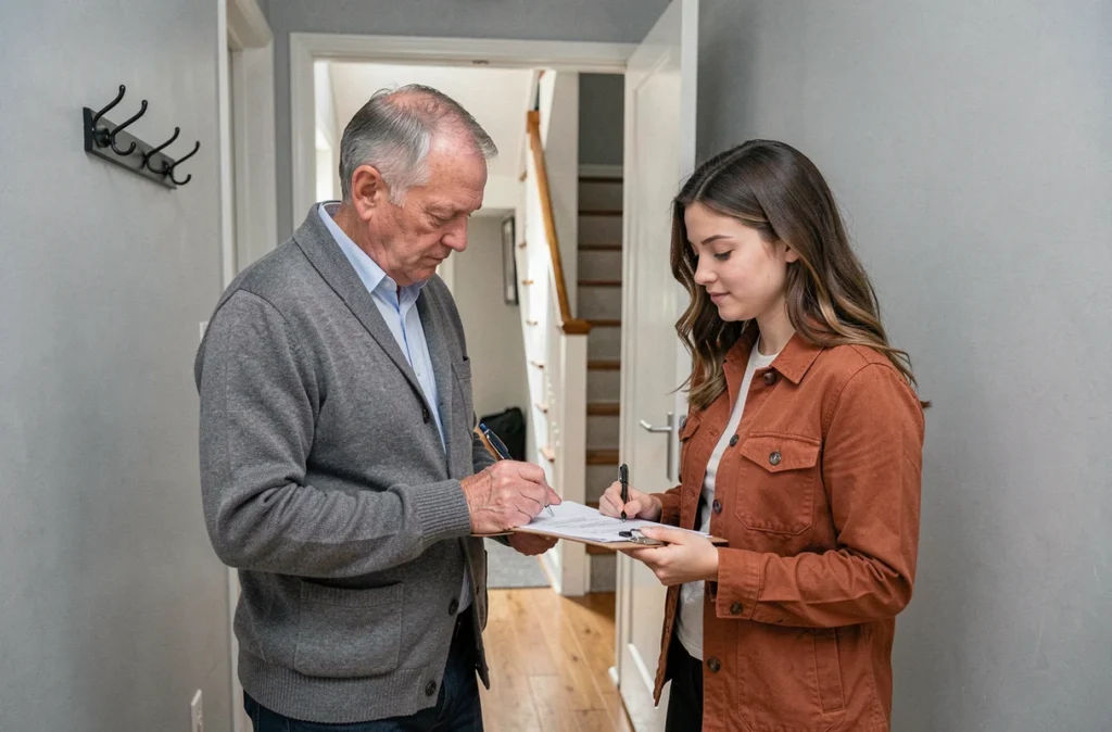 Agent immobilier et locataire signant le document d'entrée dans les lieux à la remise des clés