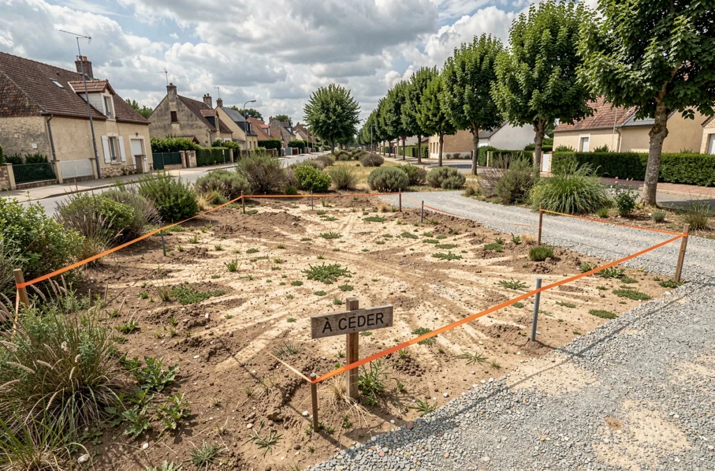 Terrain vague à céder gratuitement avec piquets de bornage et panneau à céder dans un quartier résidentiel français