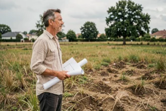 Propriétaire debout sur un terrain vague non constructible tenant un plan architectural, symbolisant la valorisation d'un terrain à donner gratuitement