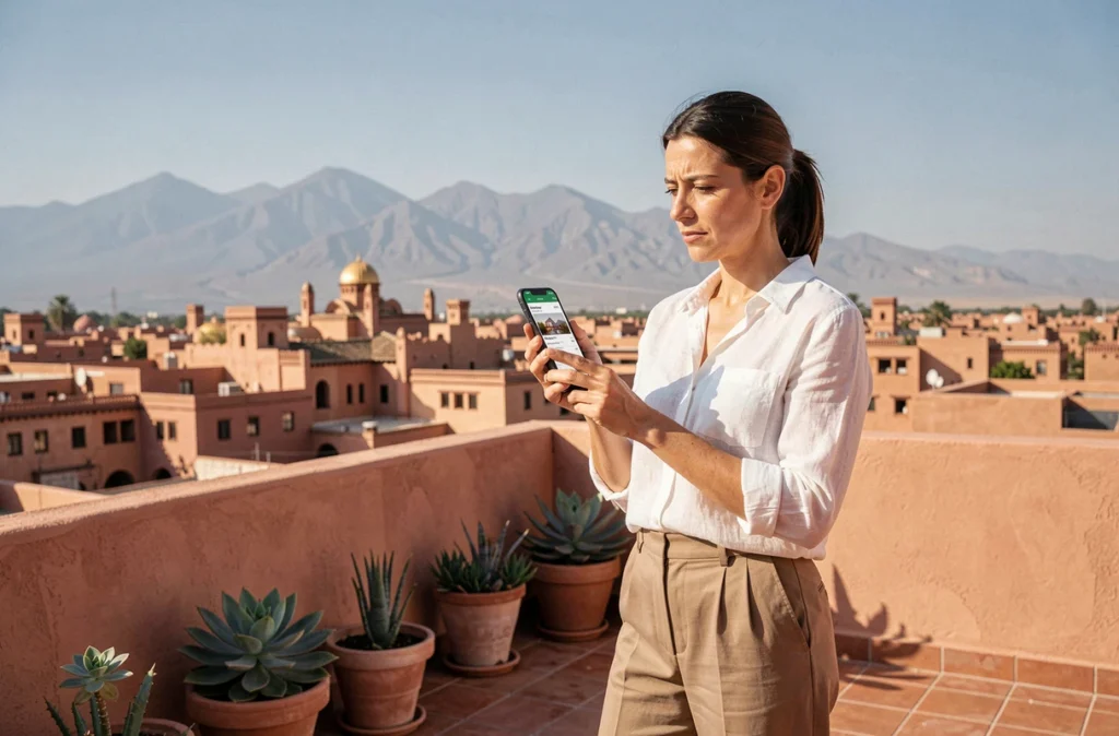 Acheteuse visitant la terrasse d'une villa à vendre à Marrakech avec vue panoramique sur la médina et l'Atlas