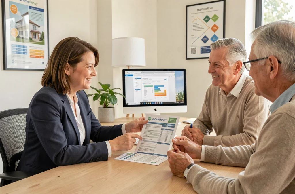 Conseillère Activ Rénovation accompagnant un couple de propriétaires dans leur dossier MaPrimeRénov' en Normandie