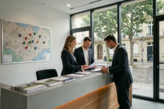Bureau d'agence de gestion locative en Indre-et-Loire avec agents immobiliers et carte de la région