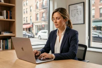 Agent immobilier femme analysant une estimation de bien immobilier sur un logiciel en ligne depuis son bureau professionnel