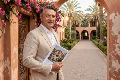 Agent immobilier devant une villa à vendre à Marrakech avec porte en cèdre sculptée et murs en tadelakt