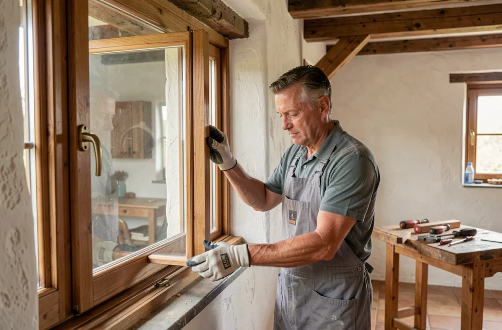Artisan menuisier Bruno Baue installant une fenêtre en bois à double vitrage à Courseulles-sur-Mer