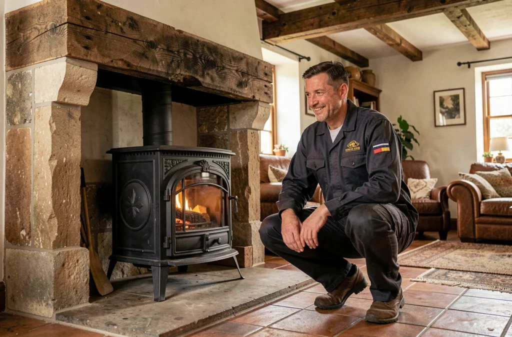 Technicien de Cheminées Benoist installant un insert à bois dans une cheminée normande à Courseulles-sur-Mer