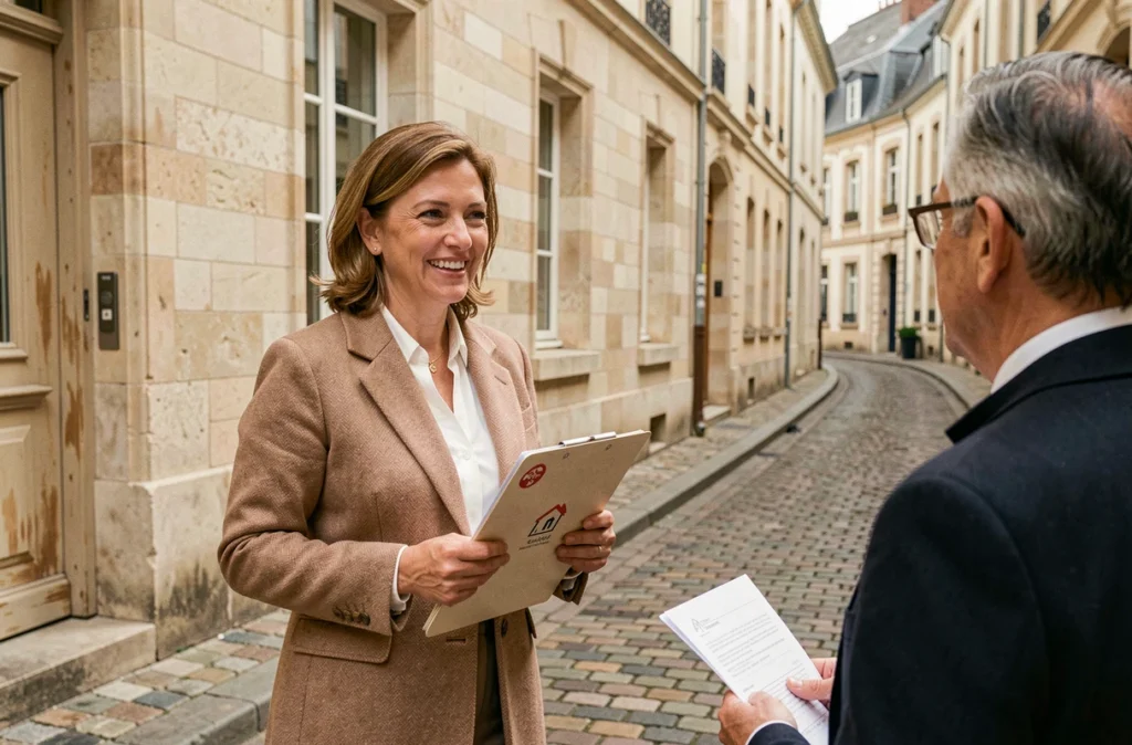 Agente de Citya Béranger devant un immeuble historique du centre-ville de Tours pour la gestion locative