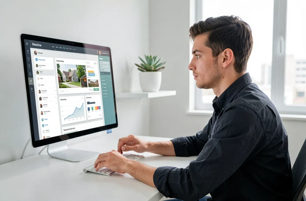 Professionnel de Connecta Immobilier utilisant un tableau de bord digital de gestion locative