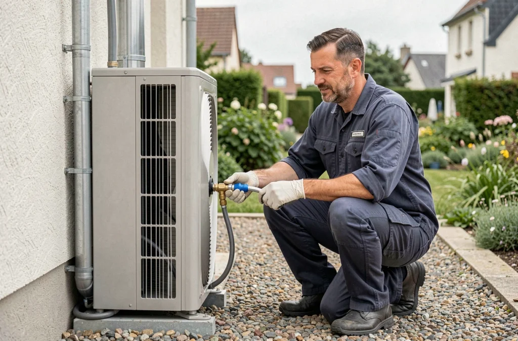 Technicien C.P.2.E installant une pompe à chaleur air-air sur une maison à Courseulles-sur-Mer
