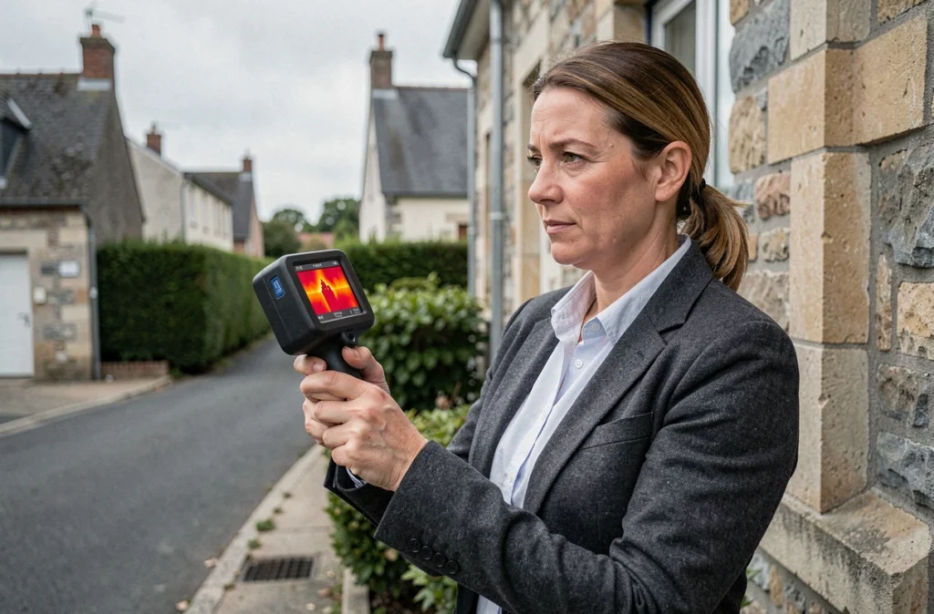 Auditrice énergétique Cynea Énergie réalisant un audit thermique avec caméra infrarouge sur une maison normande
