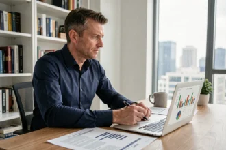 Entrepreneur analysant la rentabilité d'un projet avec des tableaux financiers sur ordinateur portable et documents imprimés