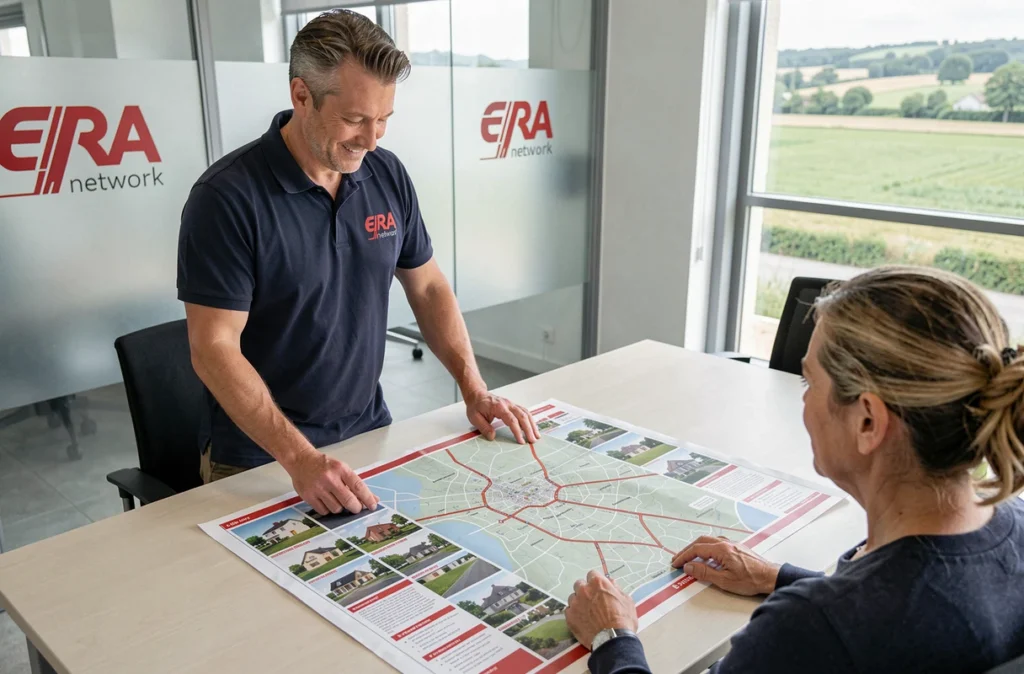 Agent ERA Chamberio Immobilier présentant un portefeuille locatif sur carte en Indre-et-Loire