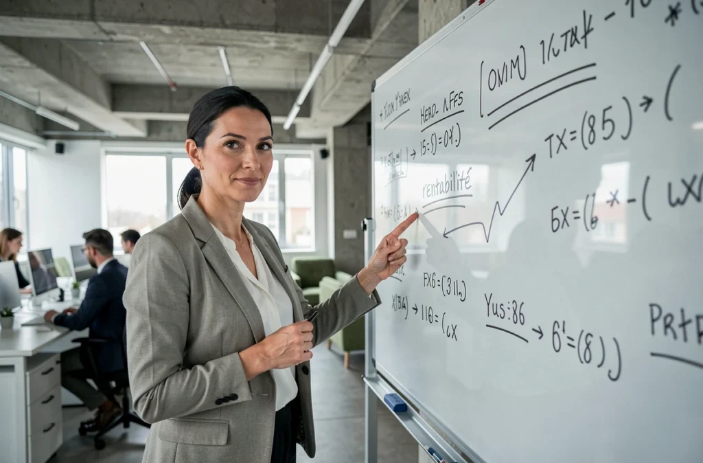 Femme d'affaires présentant des calculs de rentabilité sur un tableau blanc dans un bureau moderne