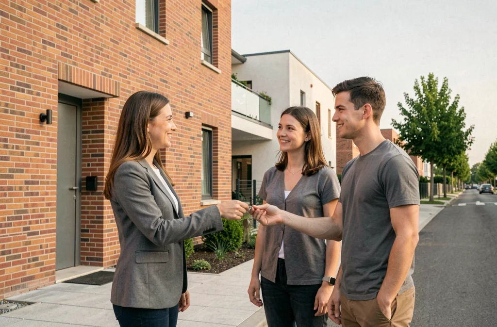 Agente de Human Immobilier St Pierre des Corps remettant des clés à des locataires dans l'est tourangeau
