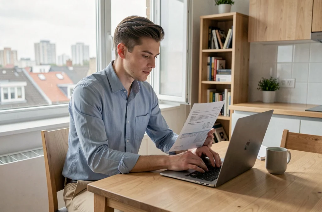 Jeune actif consultant un contrat de bail dans son appartement moderne en ville