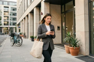 Jeune femme active marchant près de son immeuble en ville, illustrant la proximité logement-travail