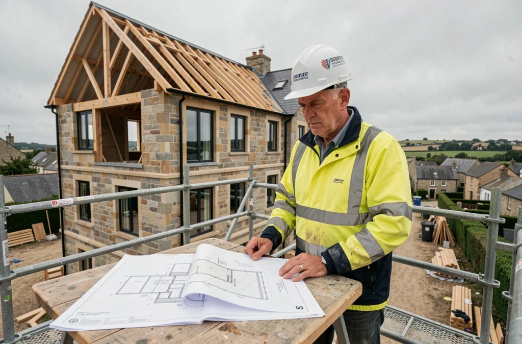 Conducteur de travaux Oriven supervisant un chantier de rénovation globale sur un bâtiment normand