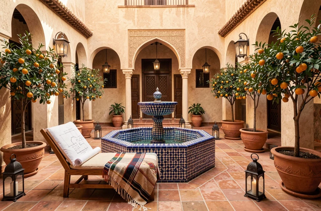 Patio intérieur d'une villa de luxe à vendre à Marrakech avec fontaine en zellige et mobilier traditionnel