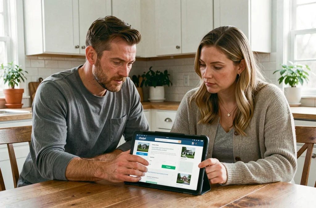 Couple de propriétaires consultant un logiciel d'estimation immobilière sur tablette dans leur cuisine avant une mise en vente