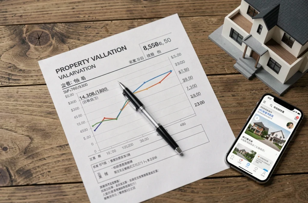 Vue en plongée d'un rapport d'estimation immobilière imprimé avec graphiques de prix posé sur un bureau en bois avec smartphone et modèle architectural