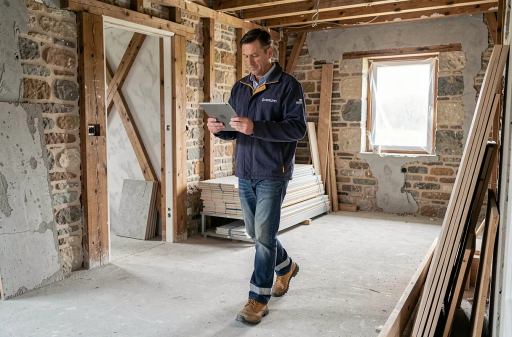 Chef de projet SARL Renove B supervisant une rénovation complète dans une habitation à Courseulles-sur-Mer