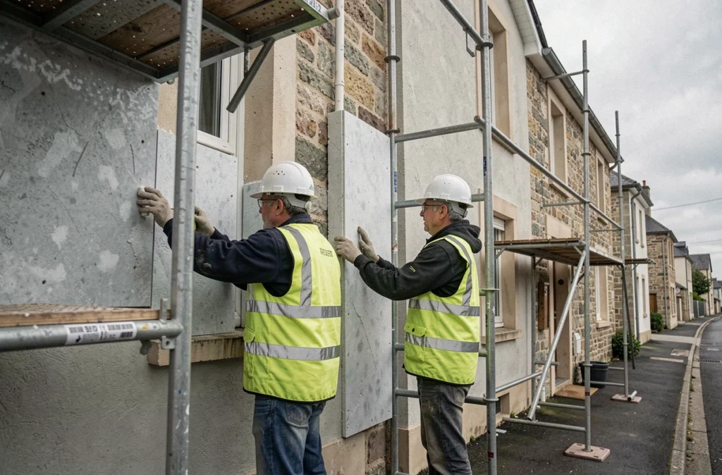 Ouvriers de Taill'Art appliquant une isolation thermique par l'extérieur sur une maison à Courseulles-sur-Mer